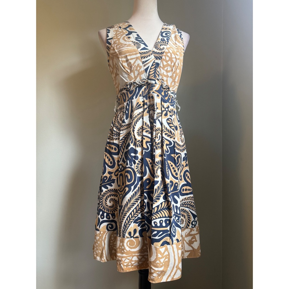 Kay Unger boho Silk Mini Dress 8‎ Navy Tan Abstract preppy resort whimsi flowy